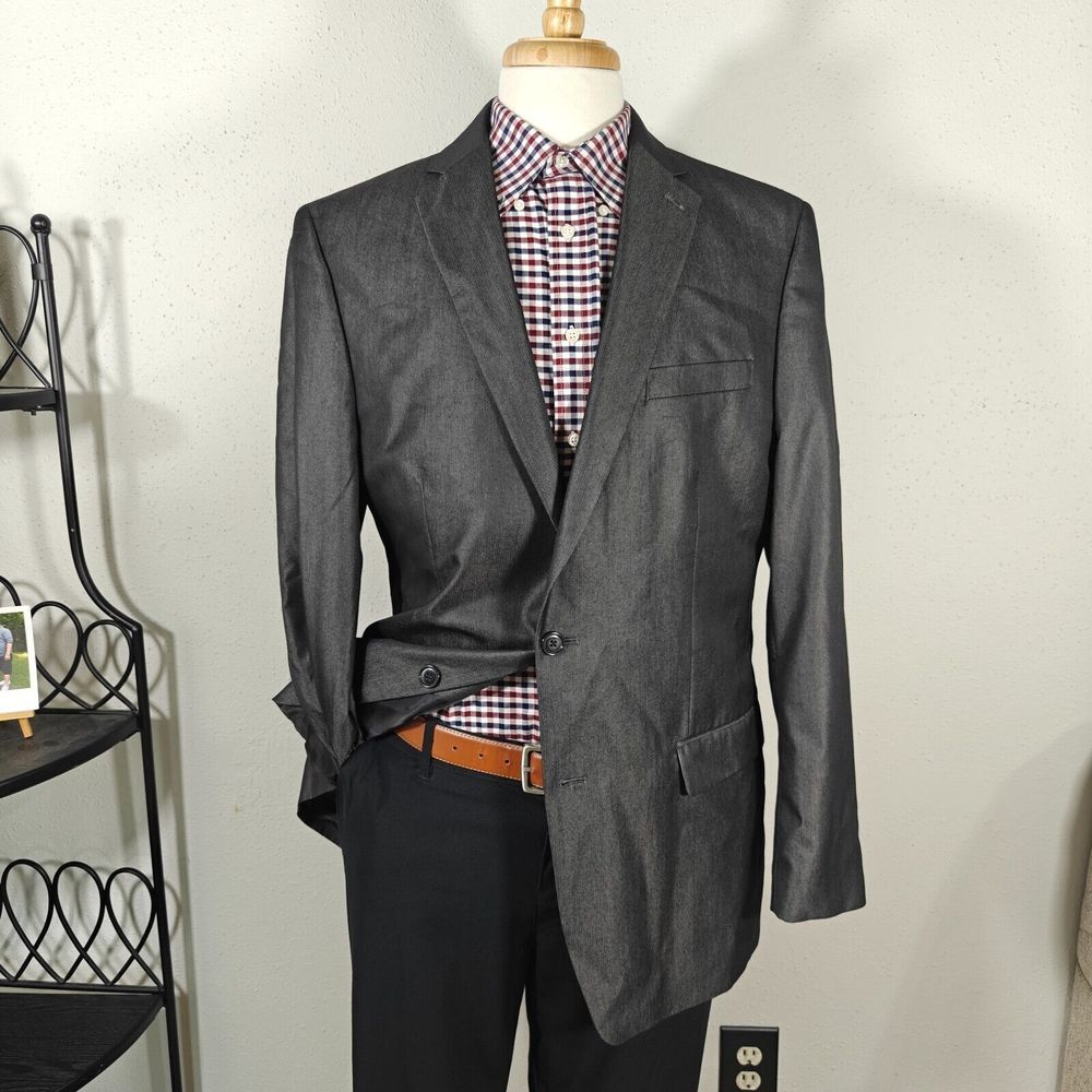 Van Heusen‎ Men's Sport Coat Blazer Two Button Charcoal BLK Poly Herringbone 42L